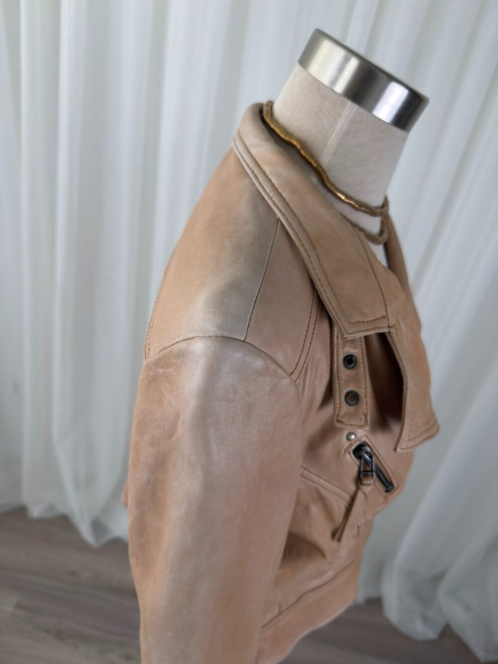 Tan Genuine Leather Biker Jacket Asymmetric Zip Moto Womens UK 8 US 4 MintVelvet - Picture 6 of 10